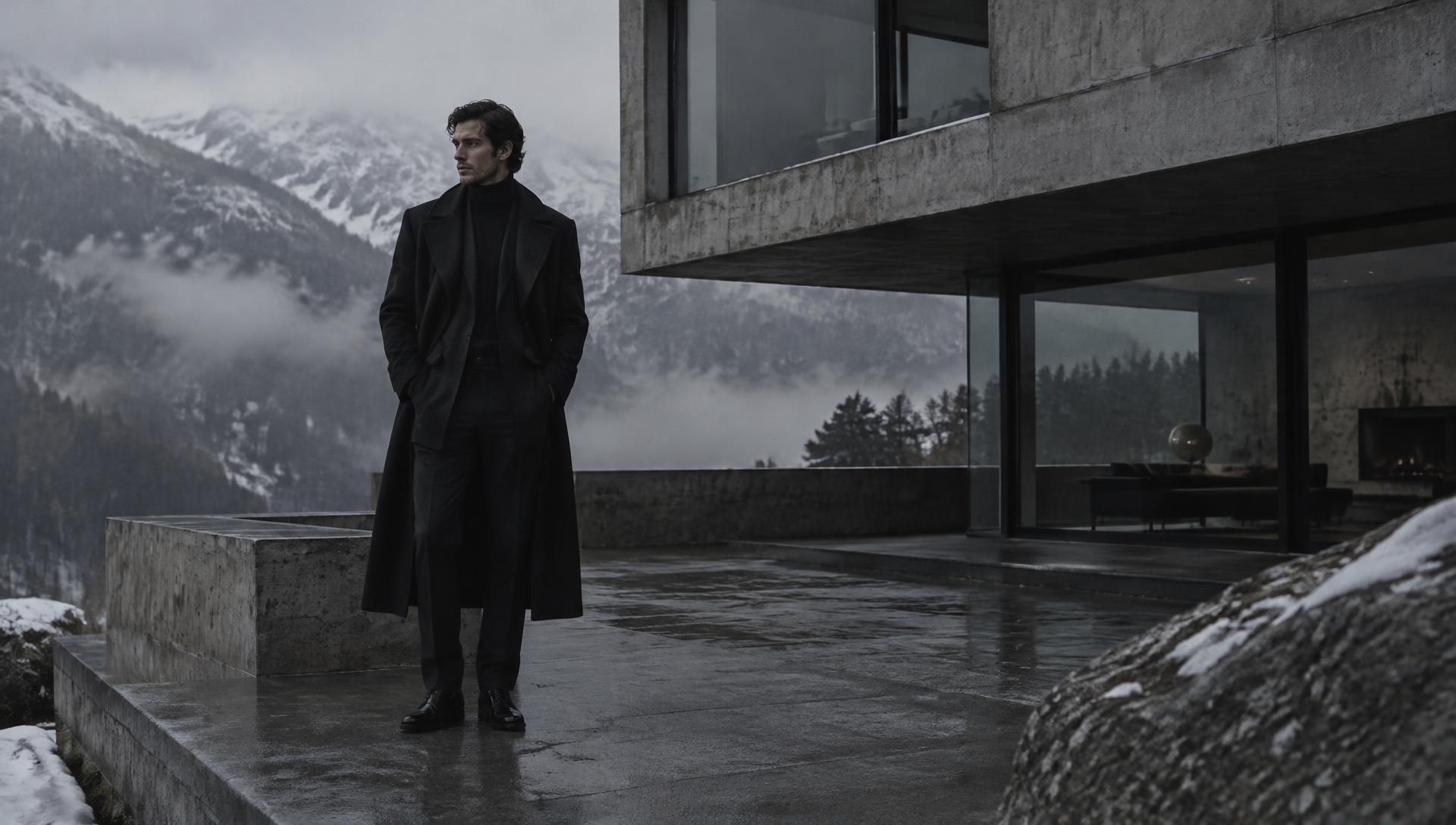 A man in dark clothing outside a concrete house in winter fog